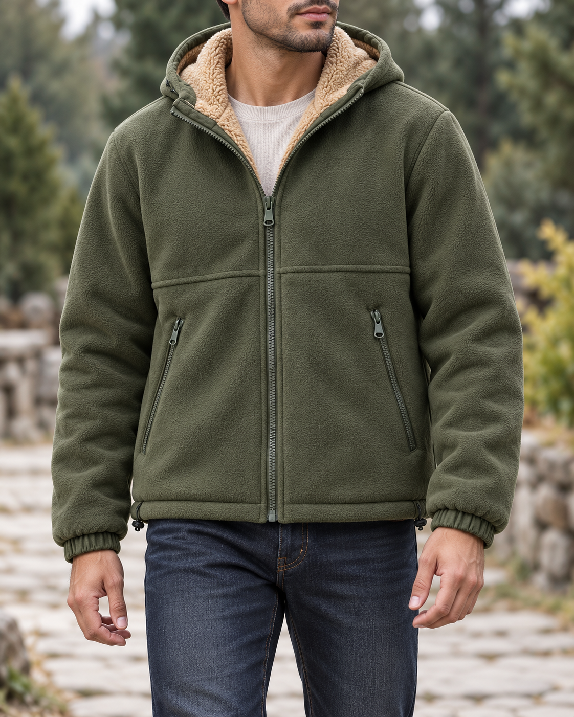 Aldridge Cashmere-Lined Hooded Jacket in army green - worn by an adult man