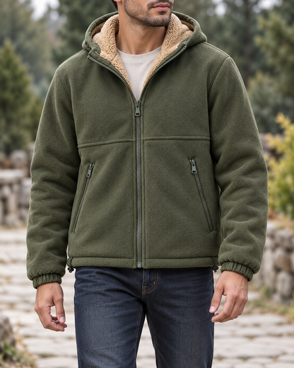 Aldridge Cashmere-Lined Hooded Jacket in army green - worn by an adult man