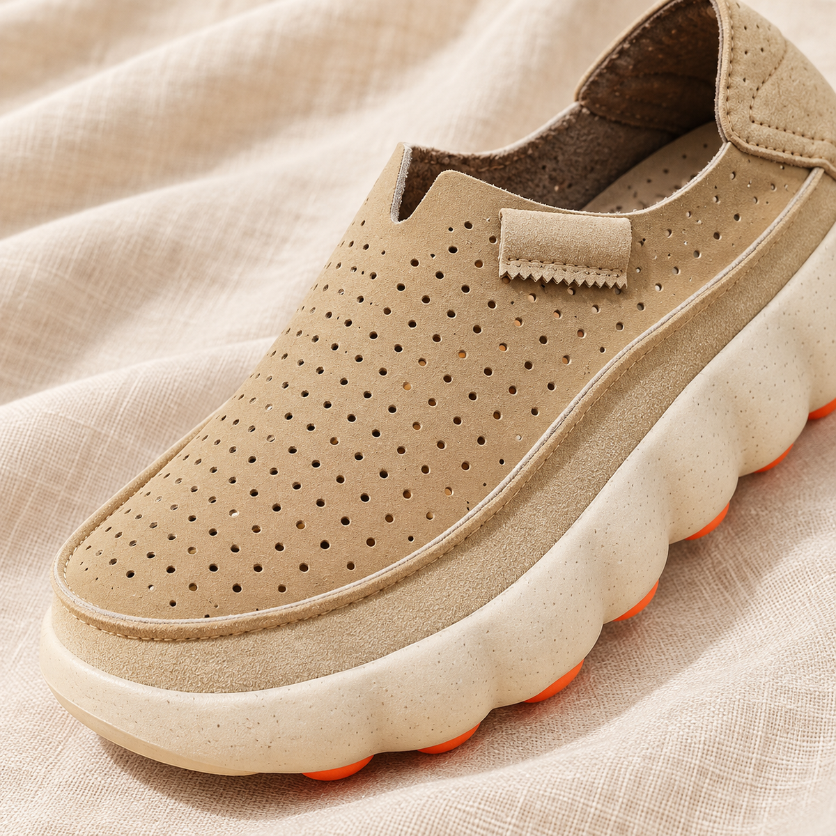 Avelisse Apricot upper showing perforations and tonal toe seam