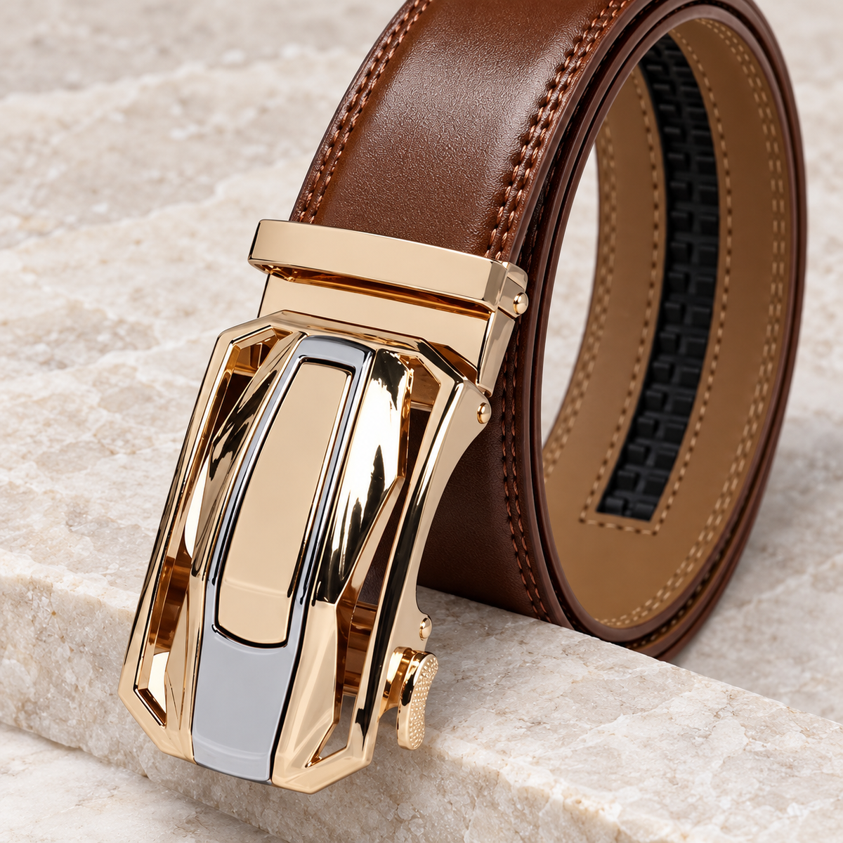 Renwick Auto-Lock Belt in brown, buckle detail