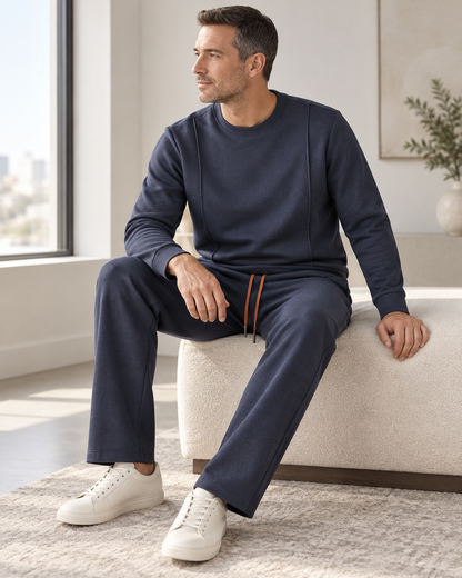 Man wearing the Brenwick Lounge Set in Navy Blue