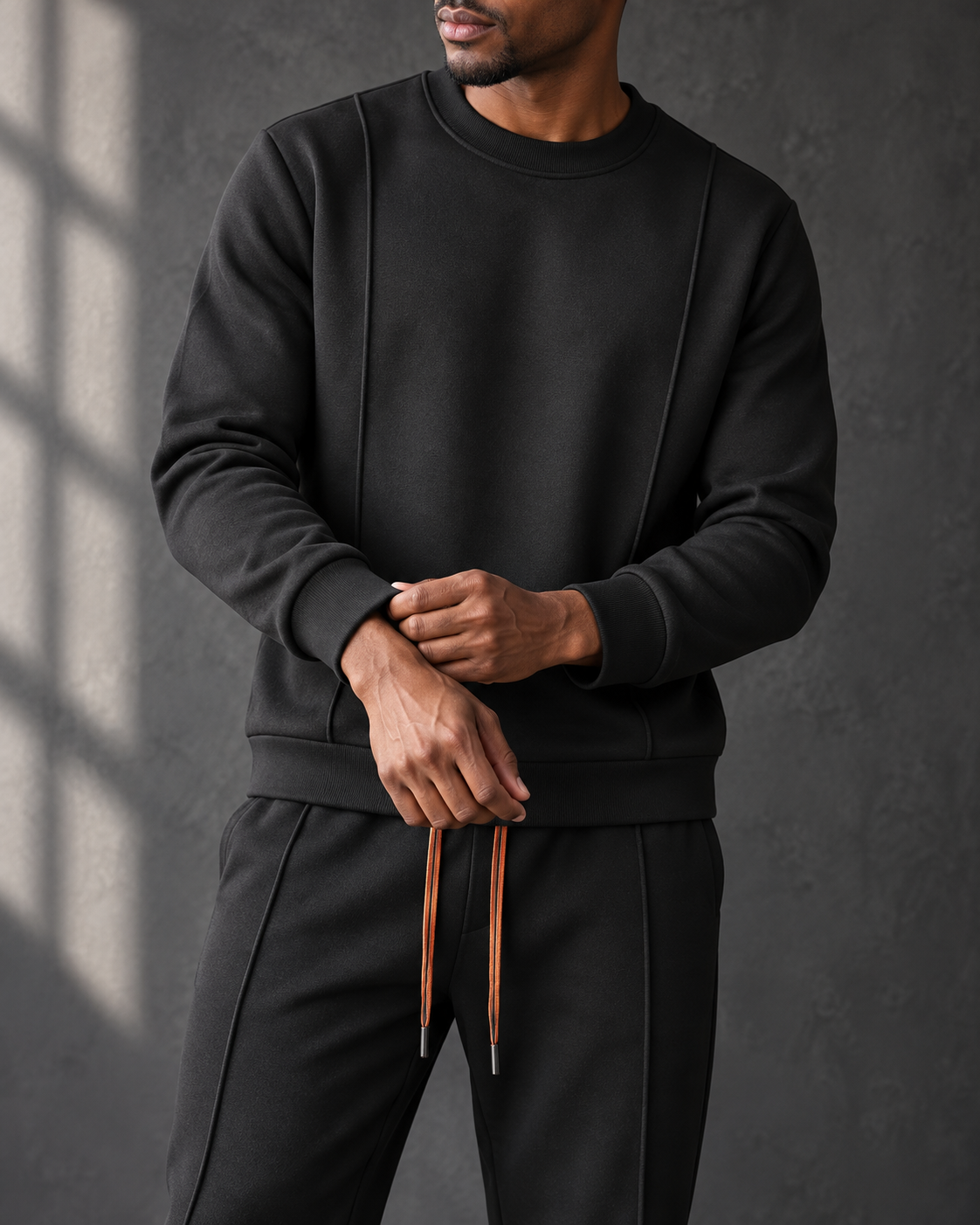 Man wearing the Brenwick Lounge Set in Classic Black