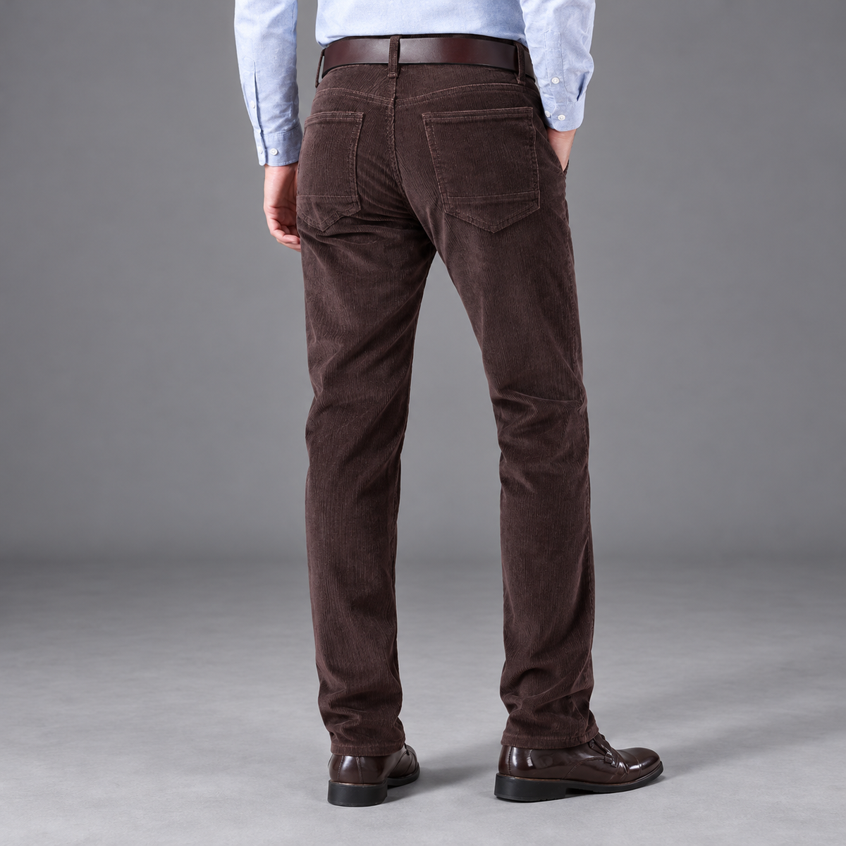 Rear view of Hollis Coffee corduroy trousers showing the back yoke and two patch pockets