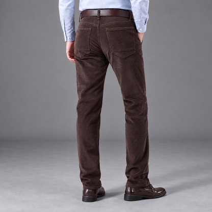 Rear view of Hollis Coffee corduroy trousers showing the back yoke and two patch pockets