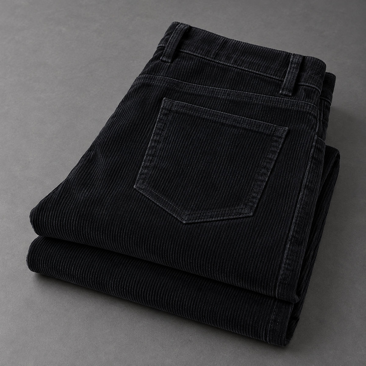 Hollis cotton corduroy trousers in Black folded on charcoal with rear pocket and ribbed texture visible