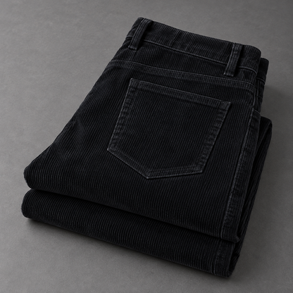 Hollis cotton corduroy trousers in Black folded on charcoal with rear pocket and ribbed texture visible
