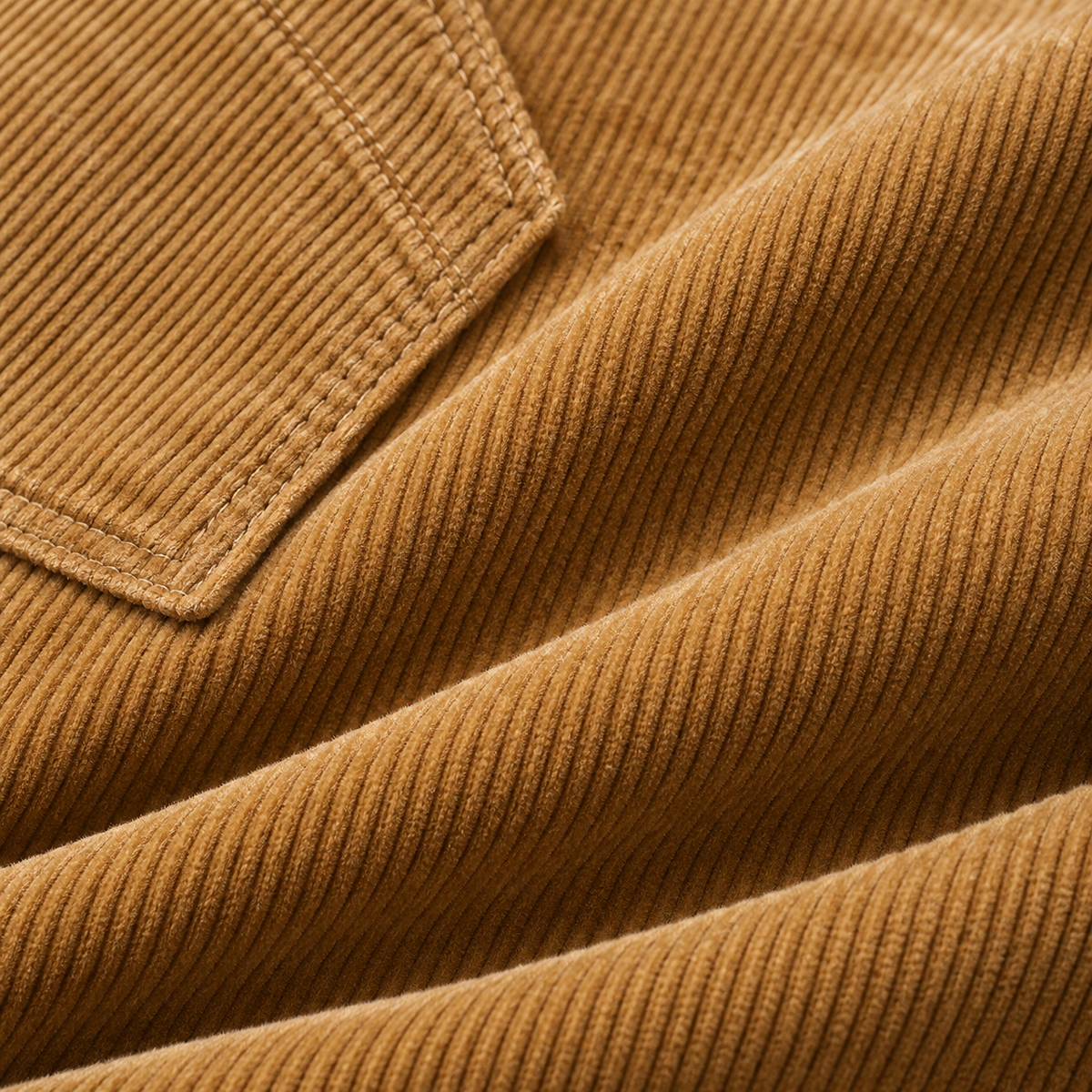 Close-up of the golden khaki corduroy ribs and soft folds on Hollis cotton trousers