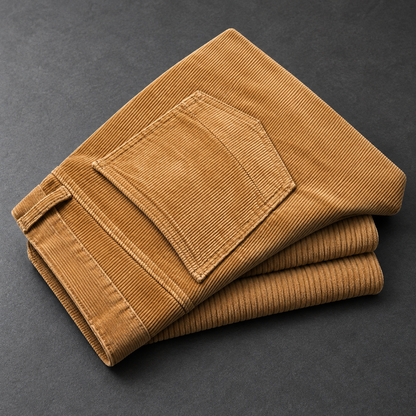 Hollis cotton corduroy trousers in Khaki folded on charcoal with rear pocket and ribbed texture visible