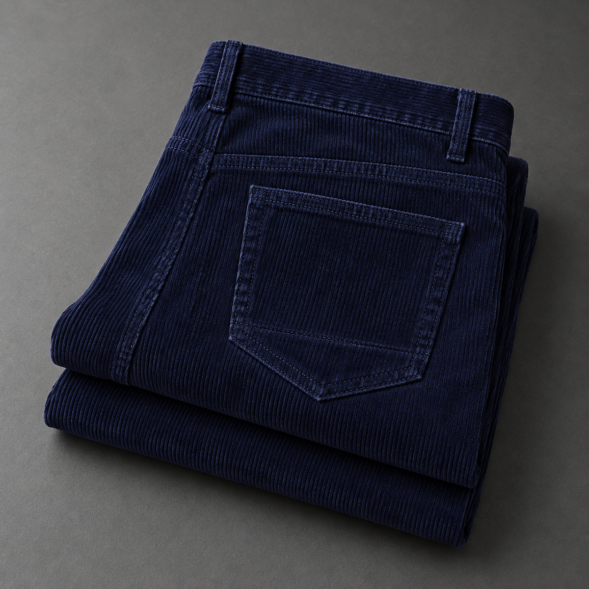 Hollis cotton corduroy trousers in Royal blue folded on charcoal with rear pocket and ribbed texture visible