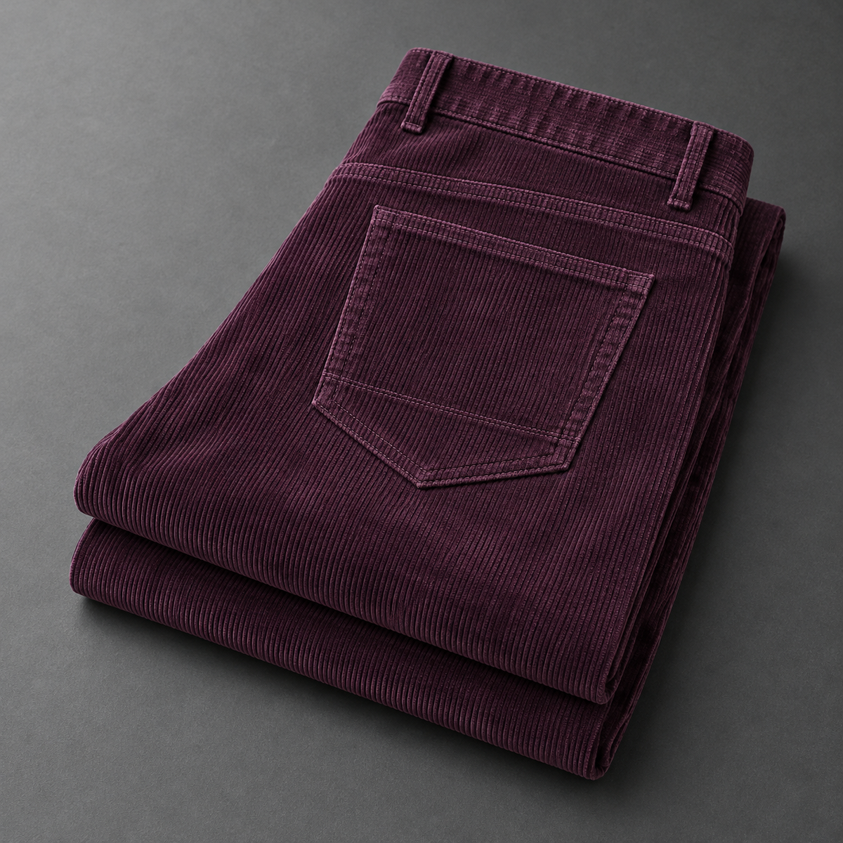 Hollis cotton corduroy trousers in Burgundy folded on charcoal with rear pocket and ribbed texture visible