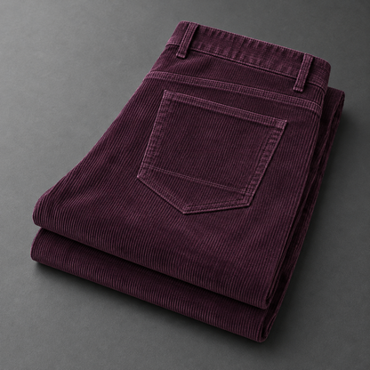 Hollis cotton corduroy trousers in Burgundy folded on charcoal with rear pocket and ribbed texture visible