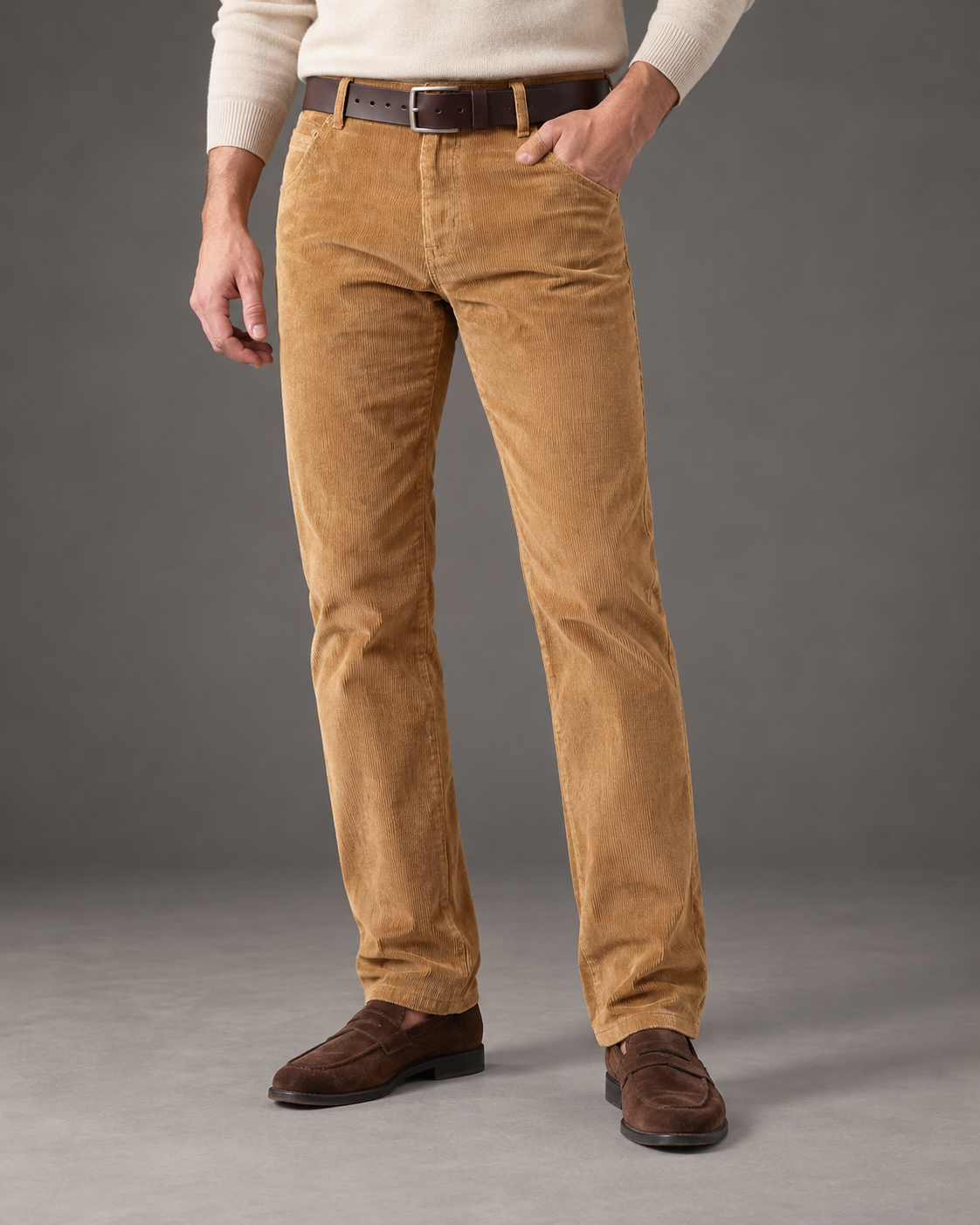 Hollis khaki corduroy trousers worn with an ecru sweater, showing the straight leg from waist to hem
