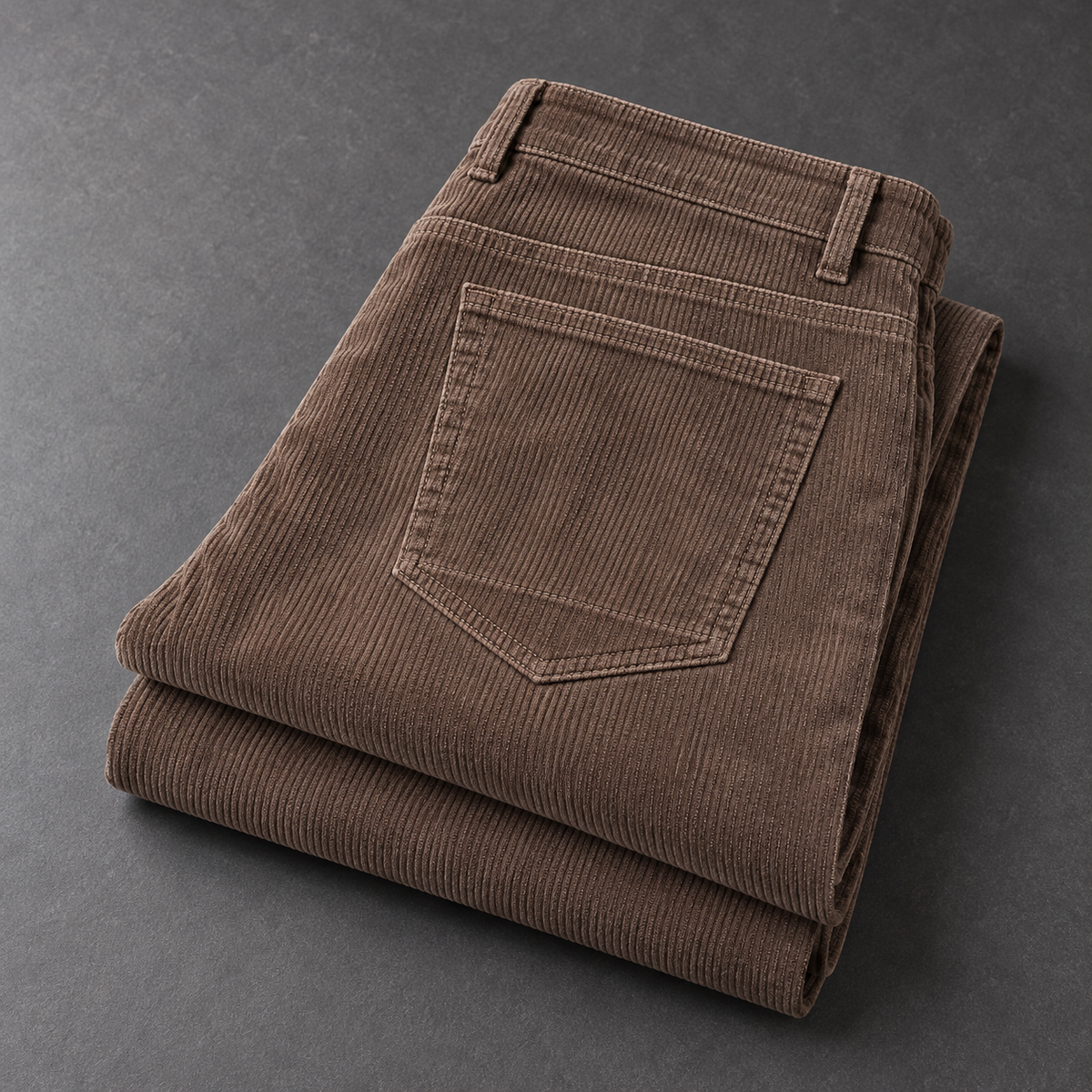 Hollis cotton corduroy trousers in Dark Khaki folded on charcoal with rear pocket and ribbed texture visible