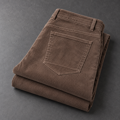 Hollis cotton corduroy trousers in Dark Khaki folded on charcoal with rear pocket and ribbed texture visible