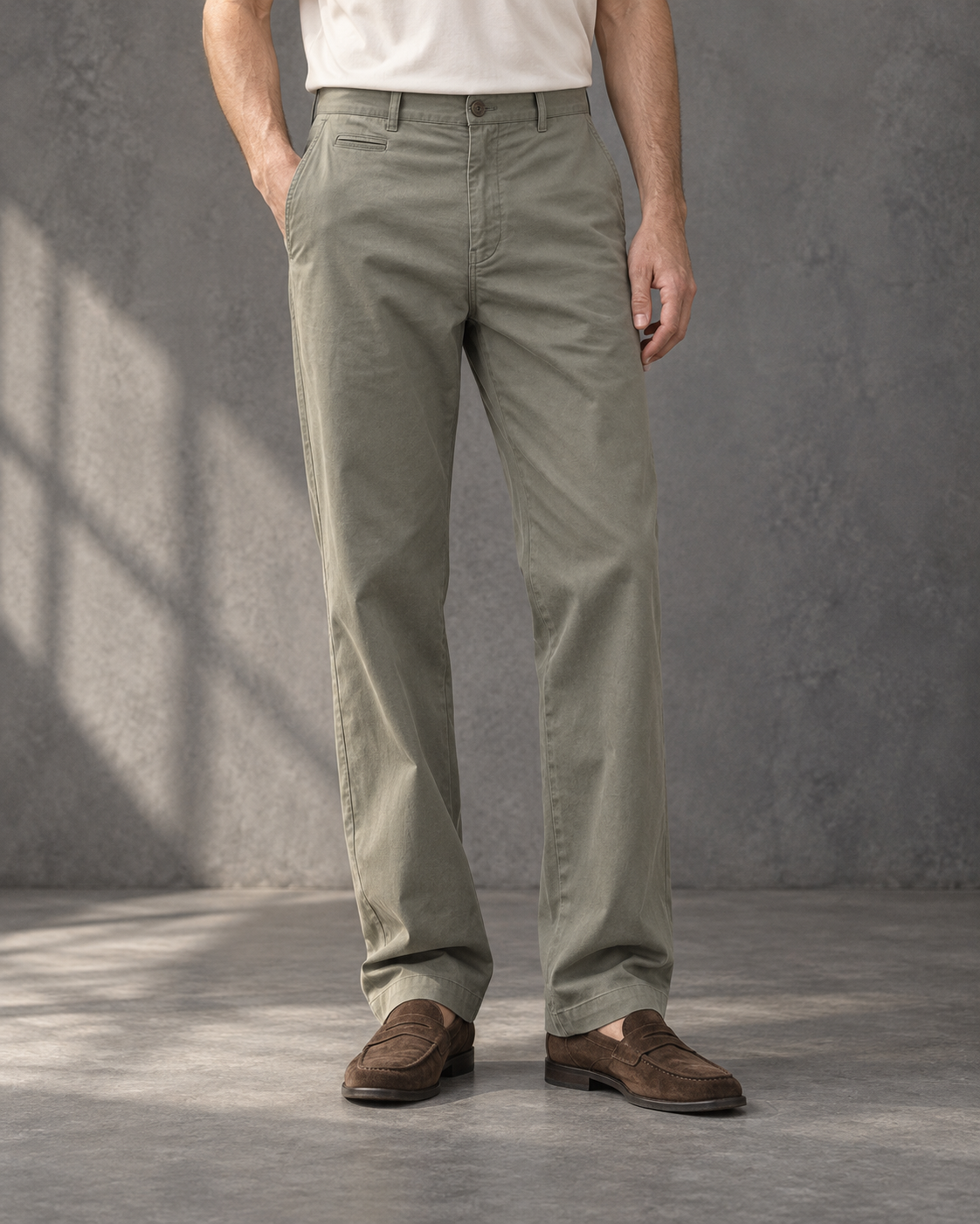 Grey Green Bramwell trousers worn with a relaxed straight-leg fit