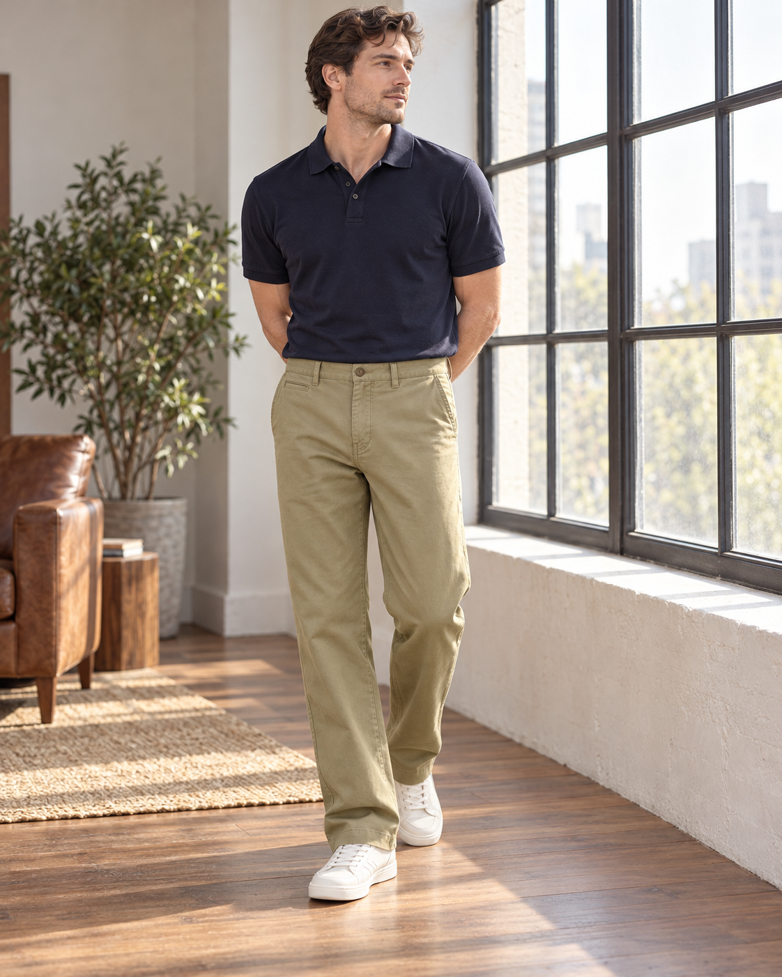 Khaki Bramwell trousers shown from a three-quarter wearing angle