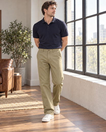Khaki Bramwell trousers shown from a three-quarter wearing angle