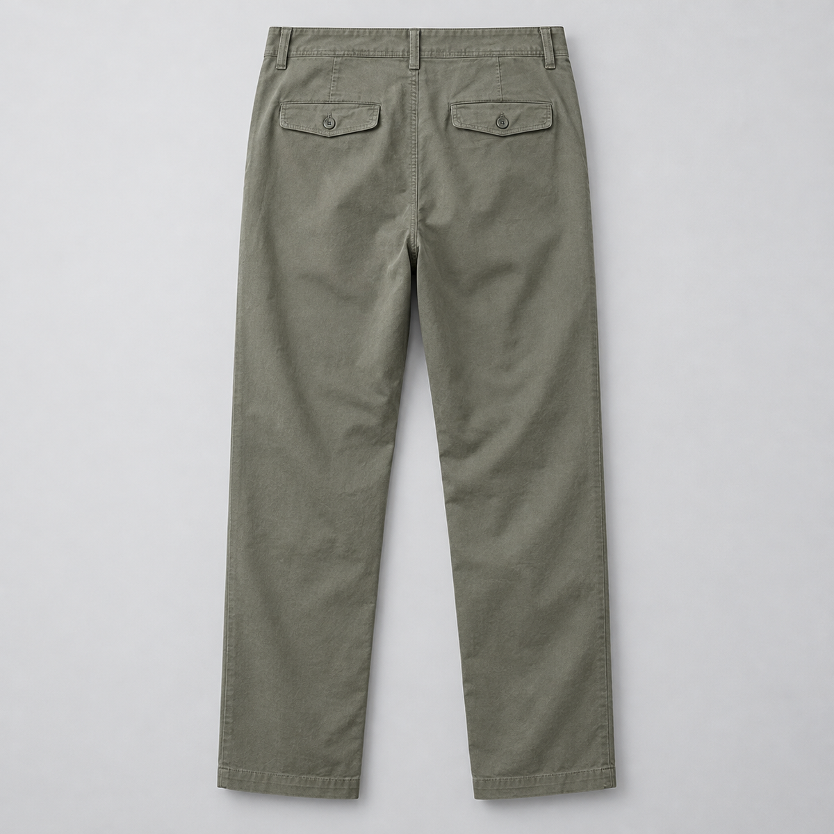 Rear view of Grey Green Bramwell trousers with buttoned flap pockets
