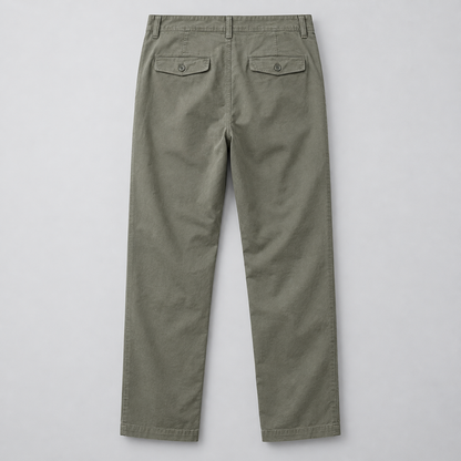Rear view of Grey Green Bramwell trousers with buttoned flap pockets
