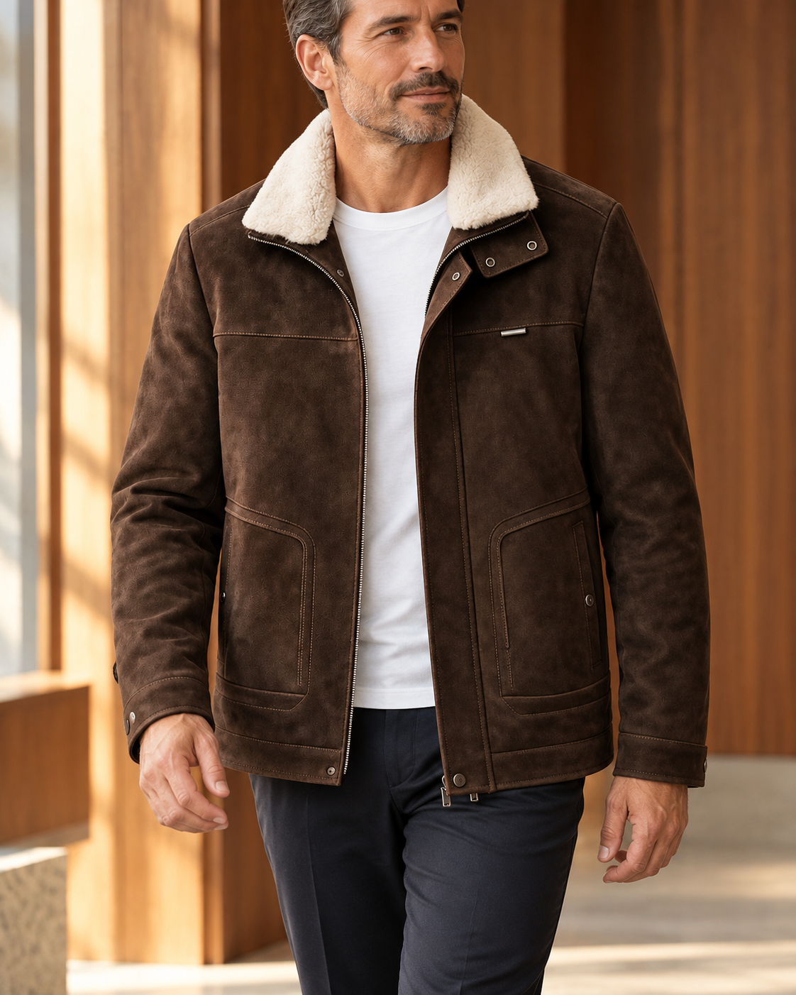 Bracken Plush-Collar Jacket in brown - worn by an adult man