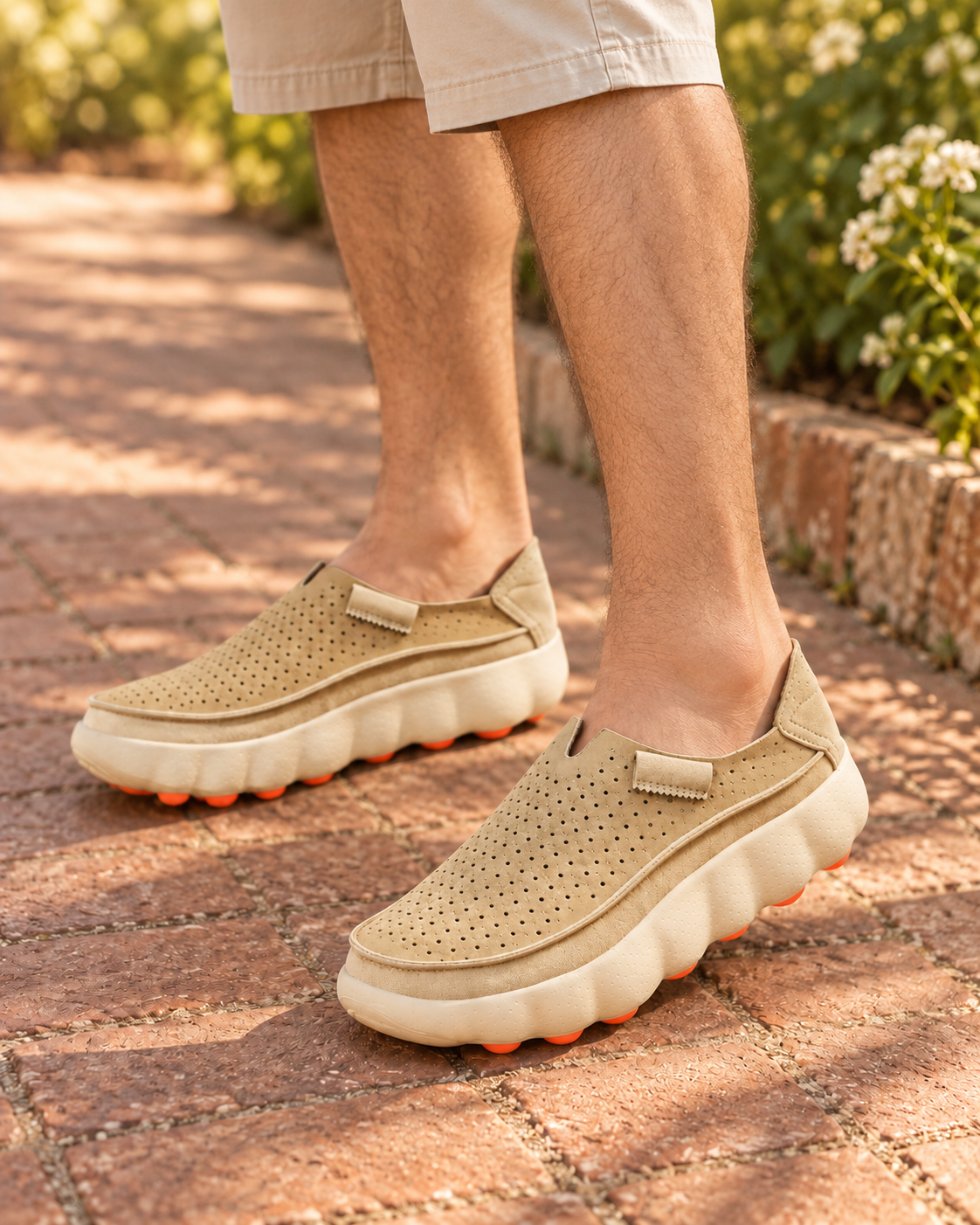 Avelisse Apricot loafers on male legs with stone shorts on a garden path